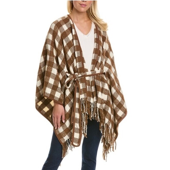 Pearl by Lela Rose Checked Wool-Blend Cape ONE Size Fringe brown belted - Picture 1 of 9